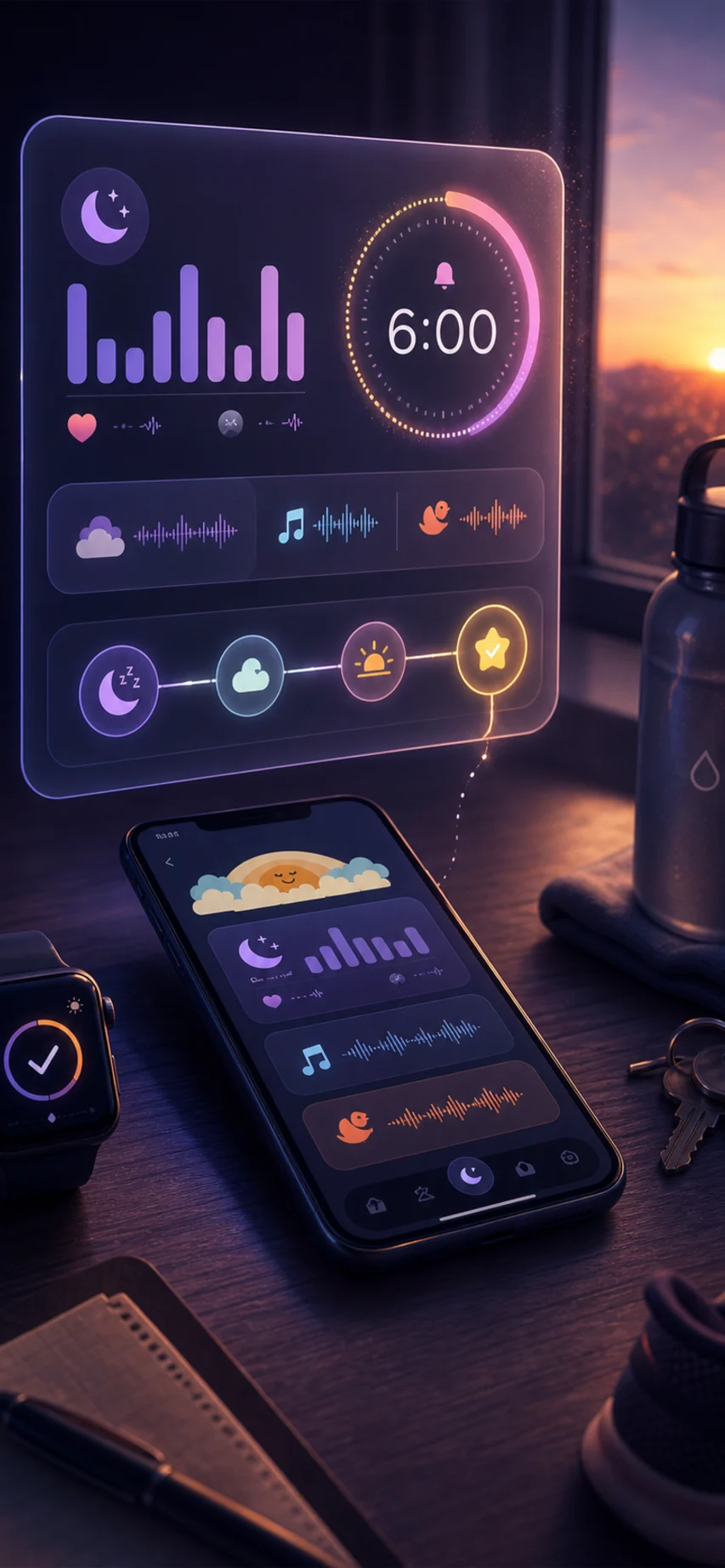 A Riso-inspired sleep dashboard connects sleep cues, widgets, and a 6:00 wake plan