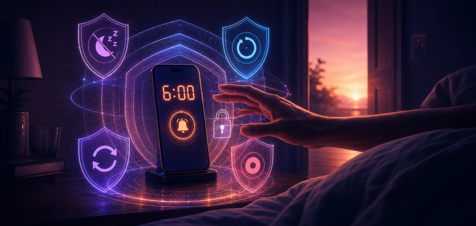 A protected 6:00 alarm blocks a sleepy tap with wake-check and anti-snooze shields