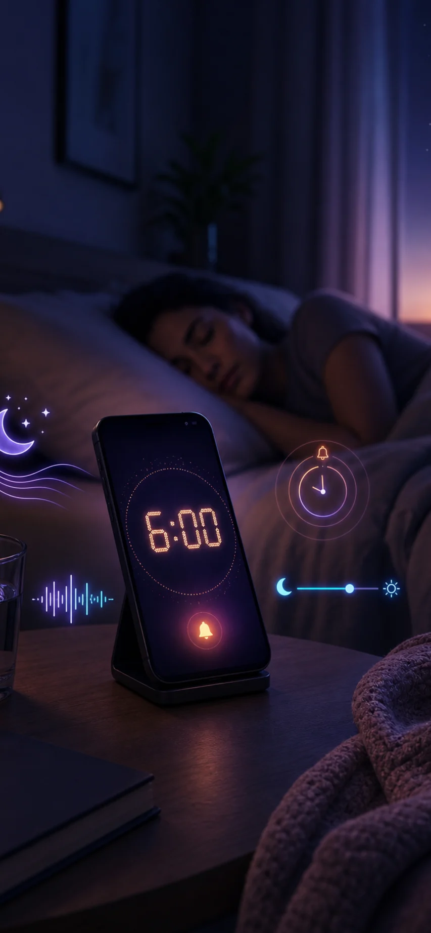 A dim bedside Night Clock shows a 6:00 alarm with sleep sound and brightness controls